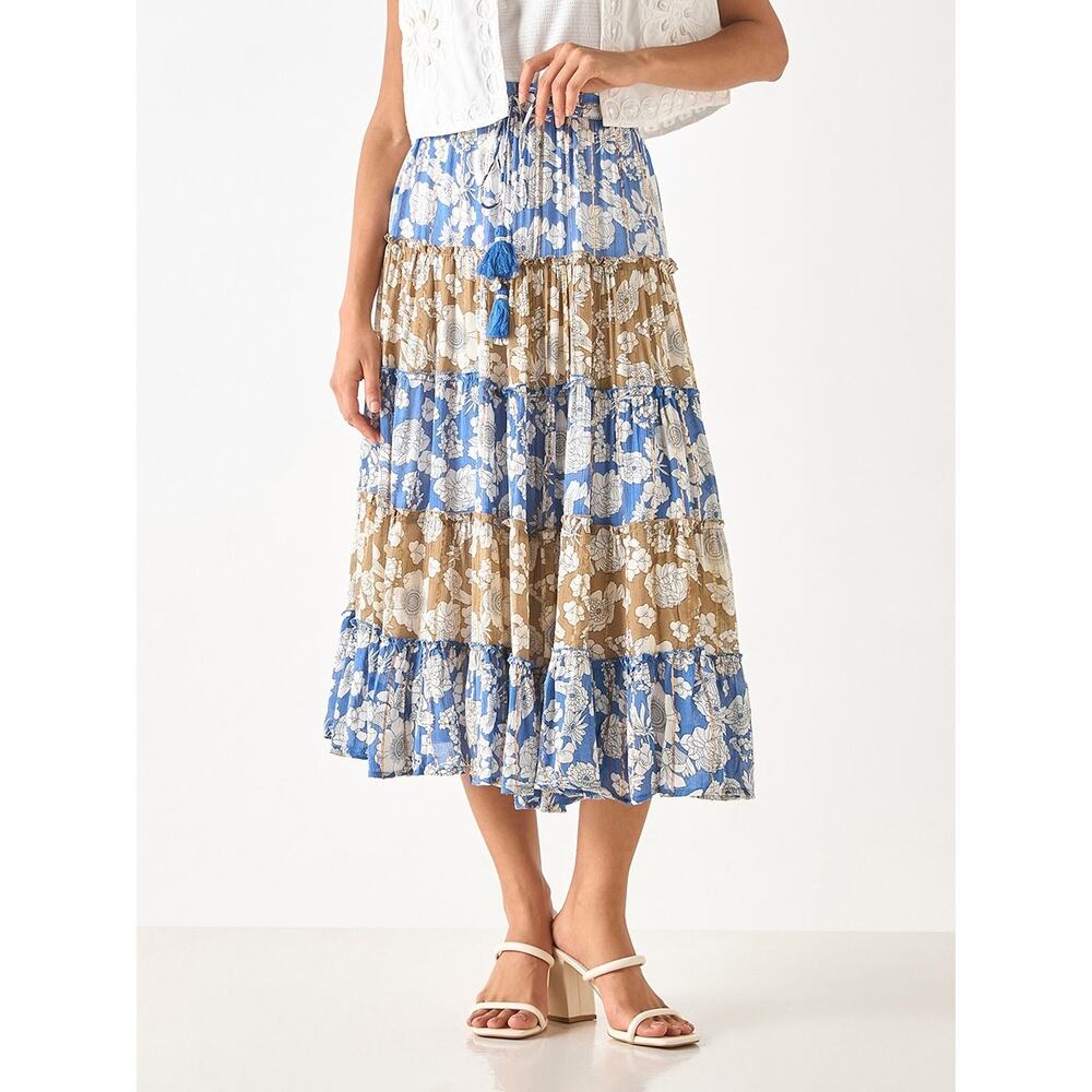 Splash Floral Print Tiered A Line Midi Skirt Medium Boho Cottagecore Picnic NWT